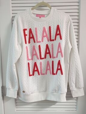 Simply Southern Large White Pink Red Cable Knit Crewneck Sweatshirt Christmas